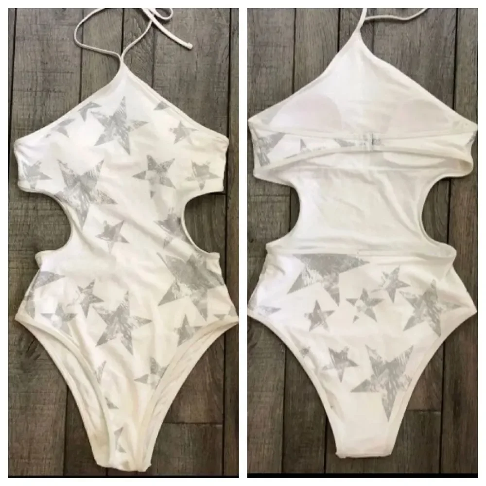 Aerie Women's Winter White Low Back Star Print High Leg Halter Swimsuit …